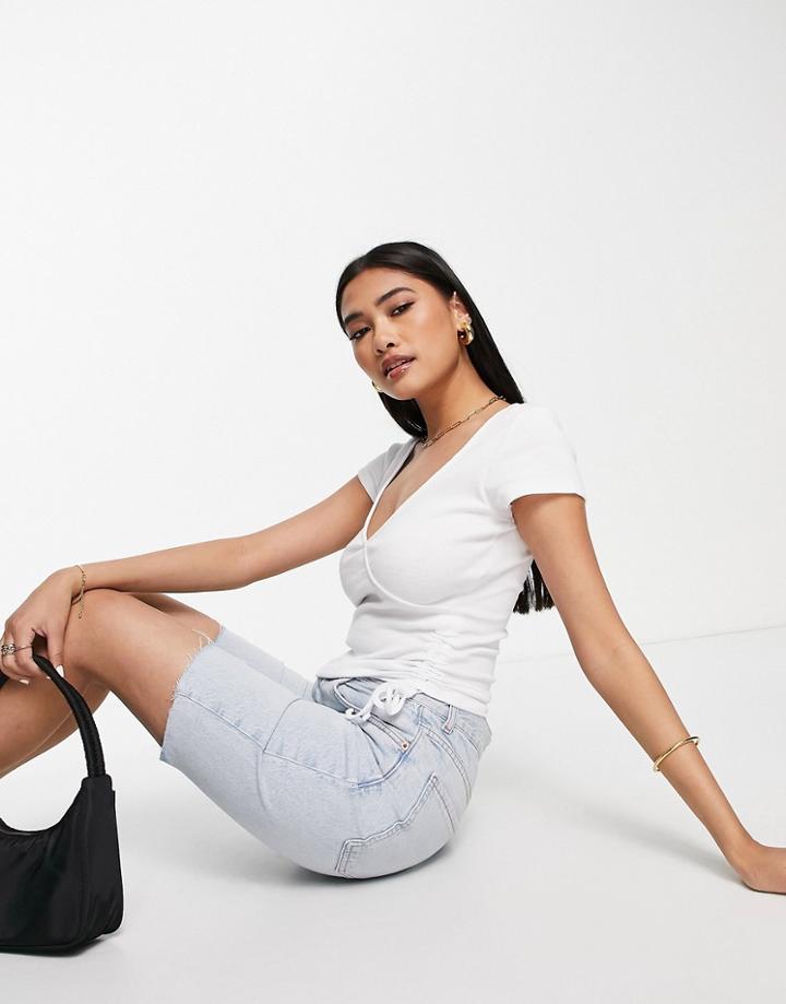 Asos Design Ruched Side Wrap Top In Rib In White