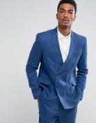 Asos Slim Double Breasted Suit Jacket In 100% Blue Linen - Blue