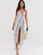 Asos Design Woven Stripe V Wrap Maxi Beach Dress - Multi