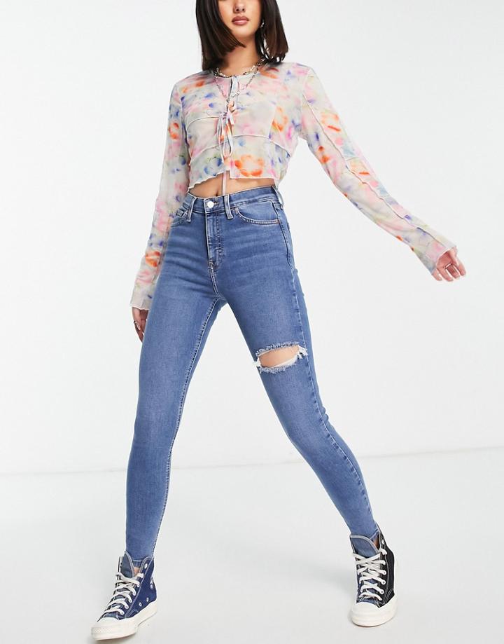 Topshop Jamie Jean With Thigh Rip In Mid Blue