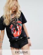Reclaimed Vintage Inspired Band Rolling Stones T-shirt With Lace Up Front - Black
