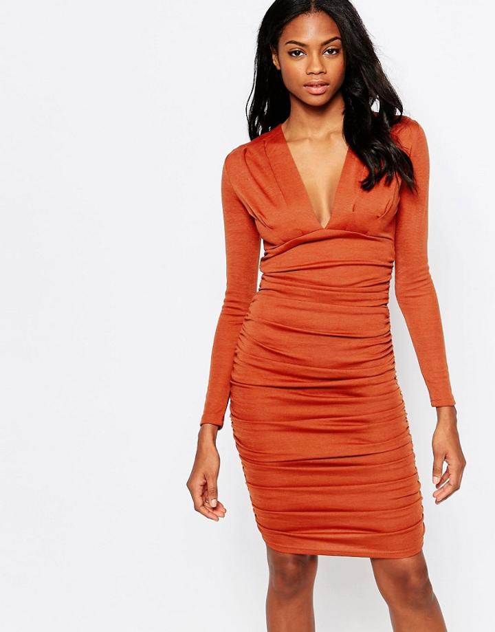 Ax Paris V Neck Bodycon Midi Dress With Ruching - Red