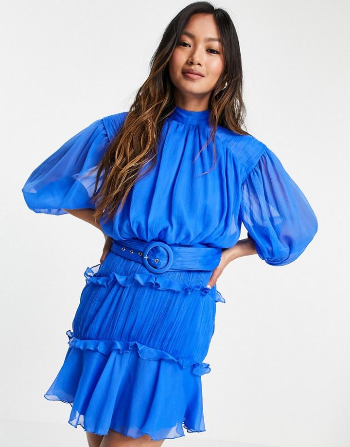Asos Design High Neck Mini Dress With Ruffle Detail And Belt-multi