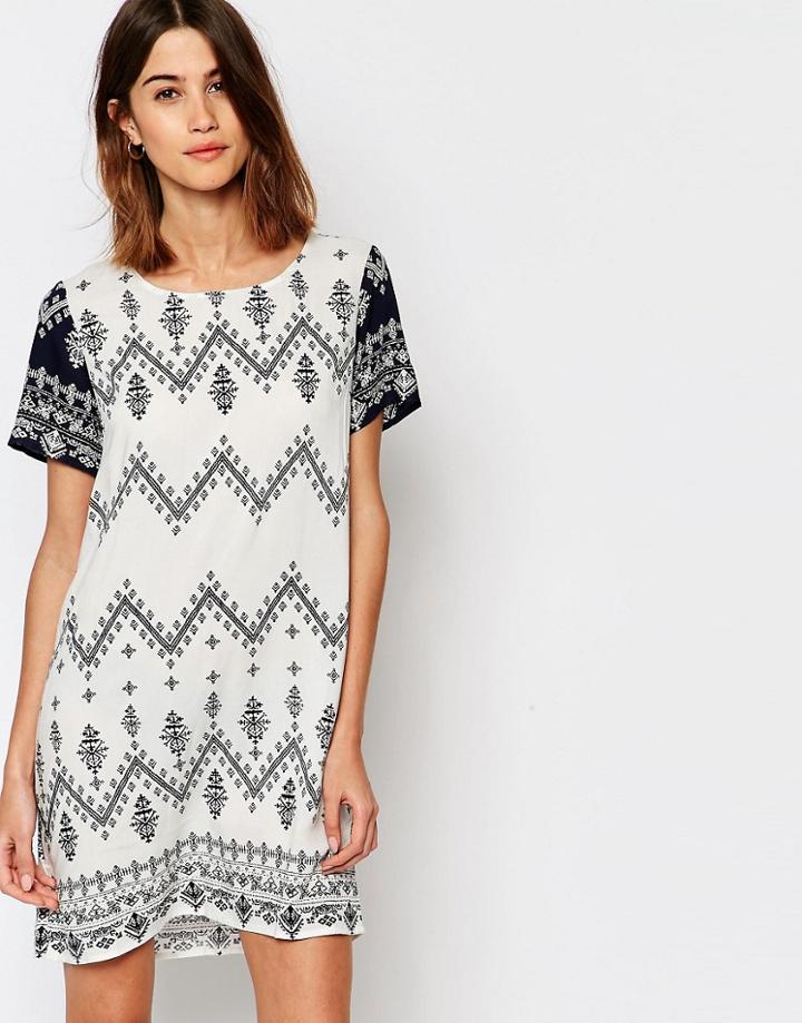 Vila Zig Zag Print Shift Dress - Snow White Multi