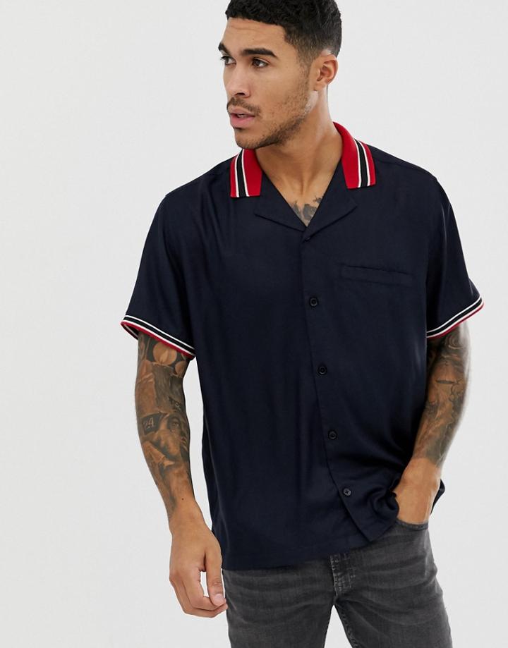 Asos Design Oversized Revere Shirt With Rib Insert In Navy - Navy