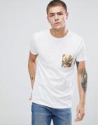 Asos Longline T-shirt With Floral Woven Printed Pocket - White