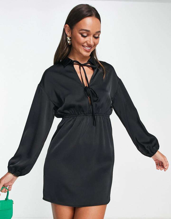 Lola May Satin Cut Out Front Mini Shirt Dress In Black
