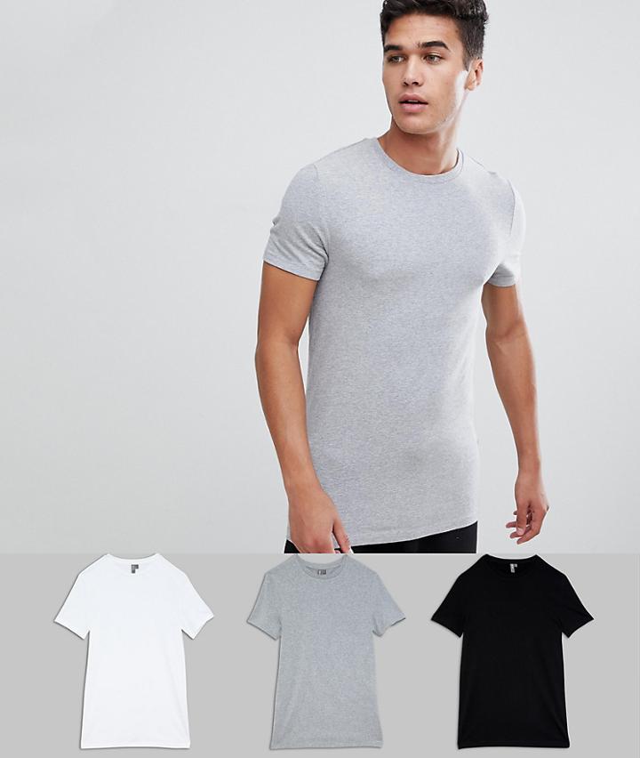 Asos Design Organic Muscle Fit T-shirt With Crew Neck 3 Pack Save - Multi