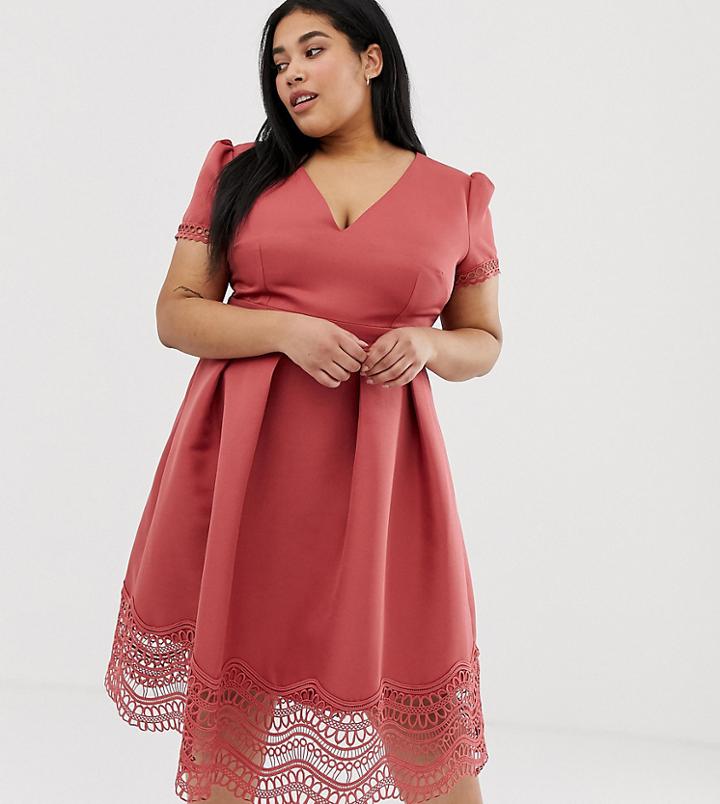 Little Mistress Plus Plunge Front Full Prom Midi Dress With Lace Hem In Terracotta - Red