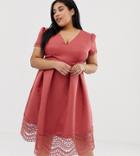 Little Mistress Plus Plunge Front Full Prom Midi Dress With Lace Hem In Terracotta - Red