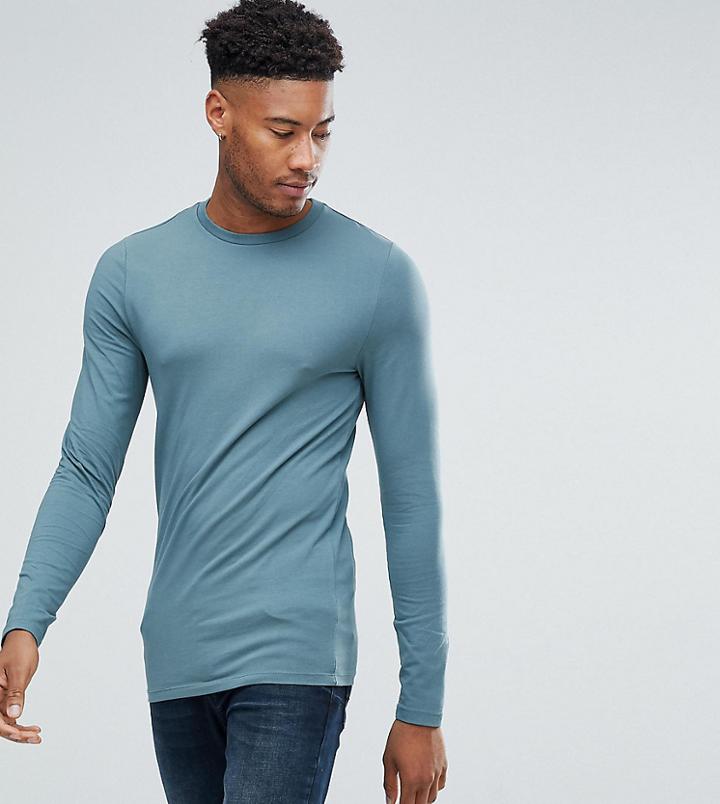 Asos Tall Muscle Fit Long Sleeve T-shirt With Crew Neck - Green