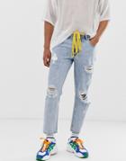 Asos Design Classic Rigid Jeans In Stonewash With Rips And Shoelace Belt - Blue
