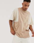 Asos Design Oversized T-shirt With Tonal Color Block And Drawcord Hem-beige