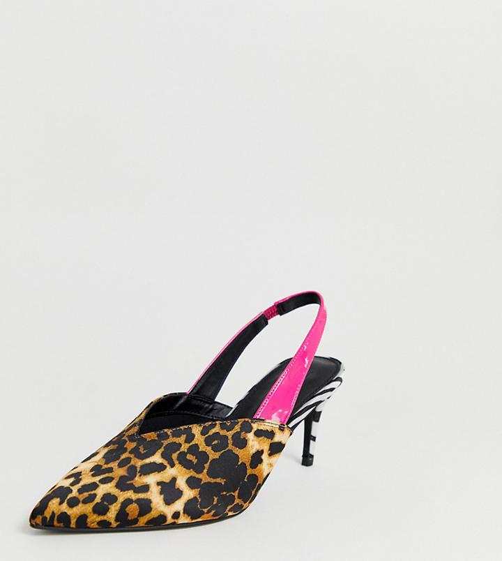 Asos Design Wide Fit Savannah Slingback Kitten Heels In Leopard And Zebra Mix - Multi