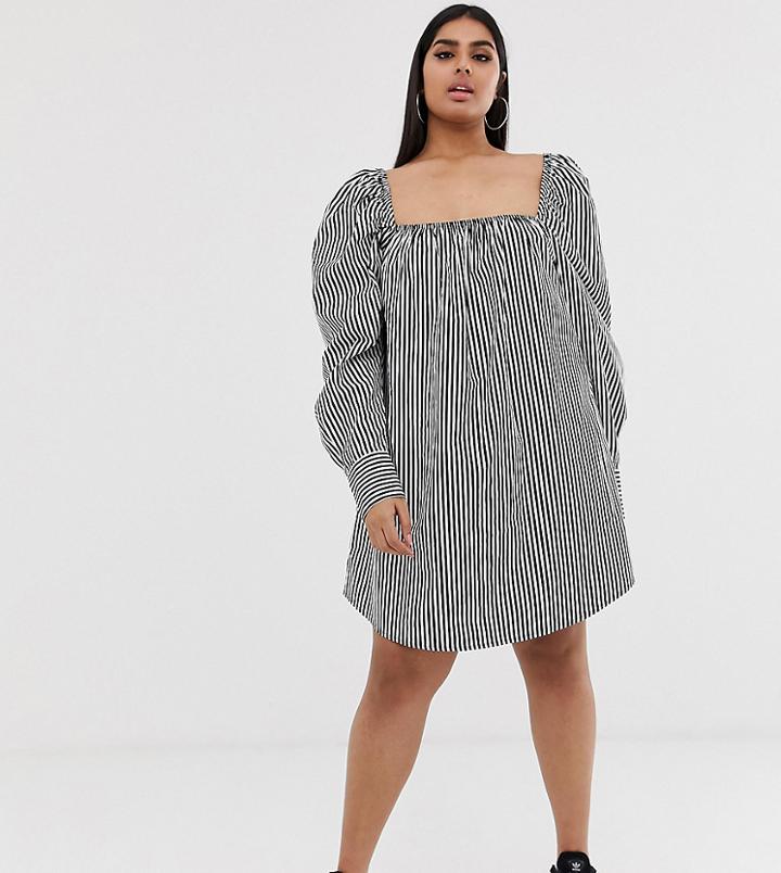 Collusion Plus Stripe Puff Shoulder Mini Smock Dress-multi