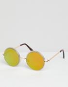Asos Design Round Sunglasses In Gold With Gold Bezelled Mirrored Lens - Gold