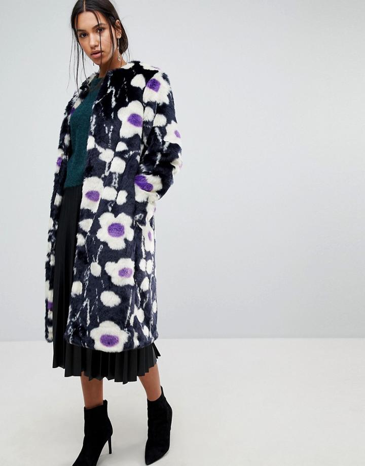 Warehouse Daisy Print Faux Fur Coat - Multi