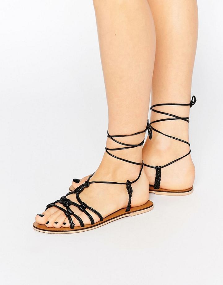 Asos Frill Leather Knotted Tie Leg Sandals - Black