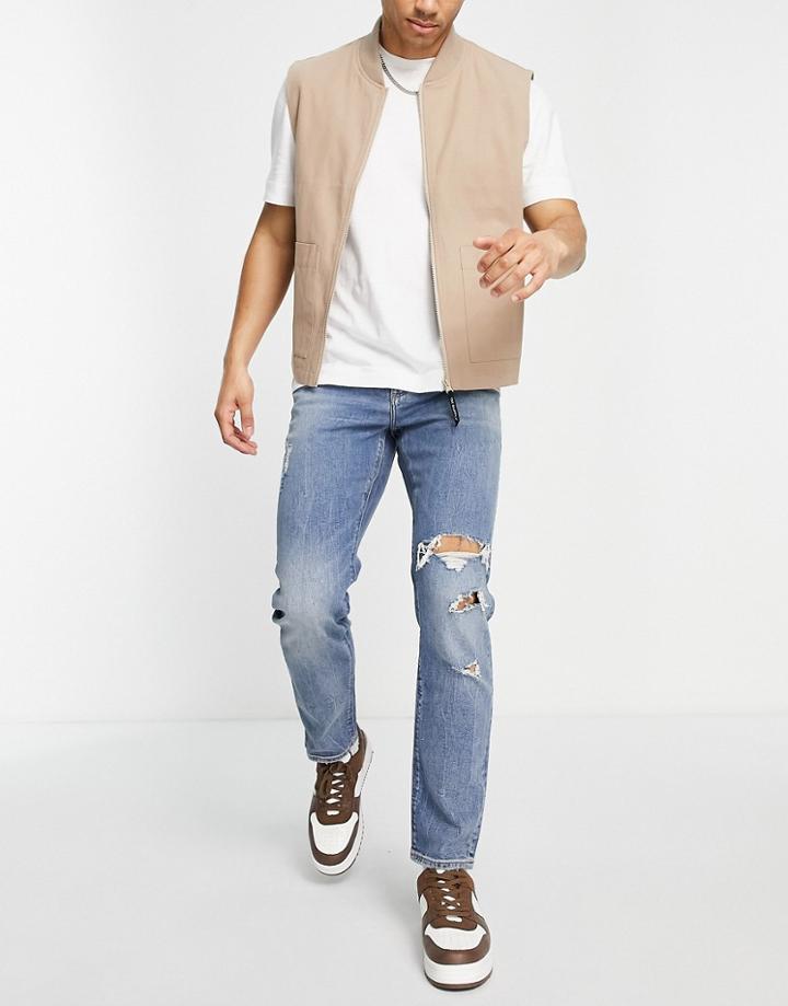 Asos Design Stretch Slim Jean In 'less Thirsty' Mid Wash With Rips-blue