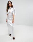 Liquorish Metallic Maxi Dress With Cut Out Front - Silver