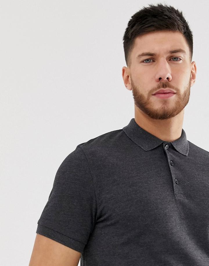 Asos Design Short Sleeve Pique Polo In Charcoal Marl - Gray