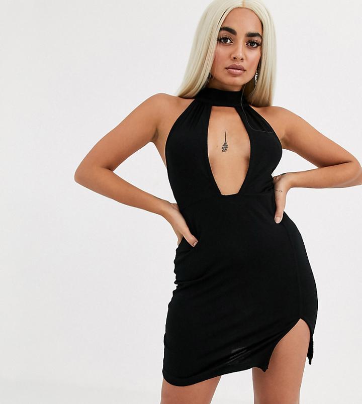 Asos Design Petite Going Out Deep Plunge Mini Dress-black