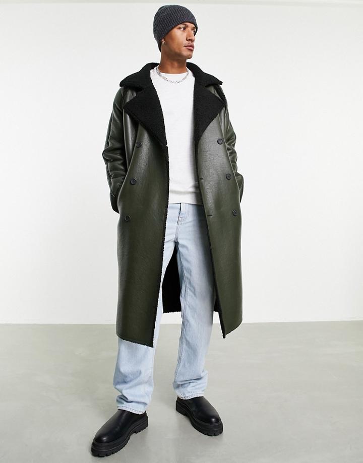 Asos Design Faux Leather Trench Coat With Borg Lining In Khaki-green