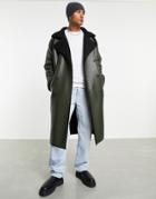 Asos Design Faux Leather Trench Coat With Borg Lining In Khaki-green