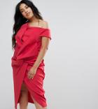 Asos Curve Premium Bow Front Twist Off The Shoulder Midi Scuba Dress-red