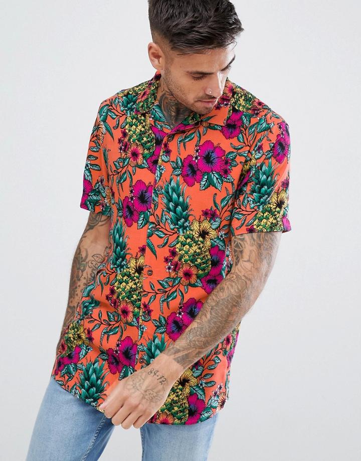 Urban Threads Floral Print Revere Collar Shirt-orange