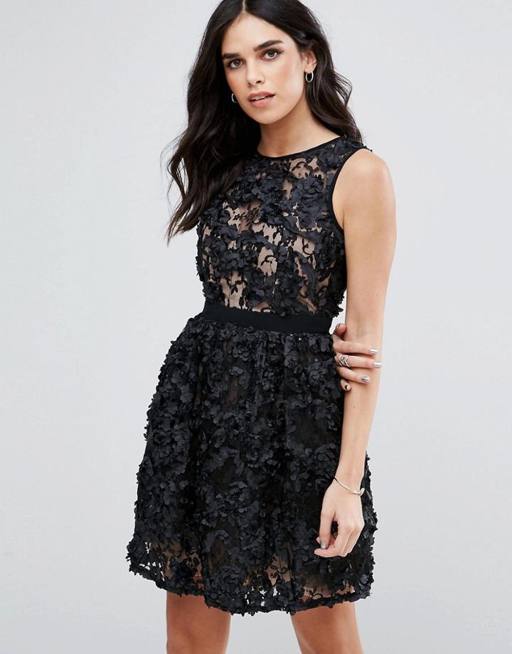 Little Mistress Floral Applique Prom Dress - Black