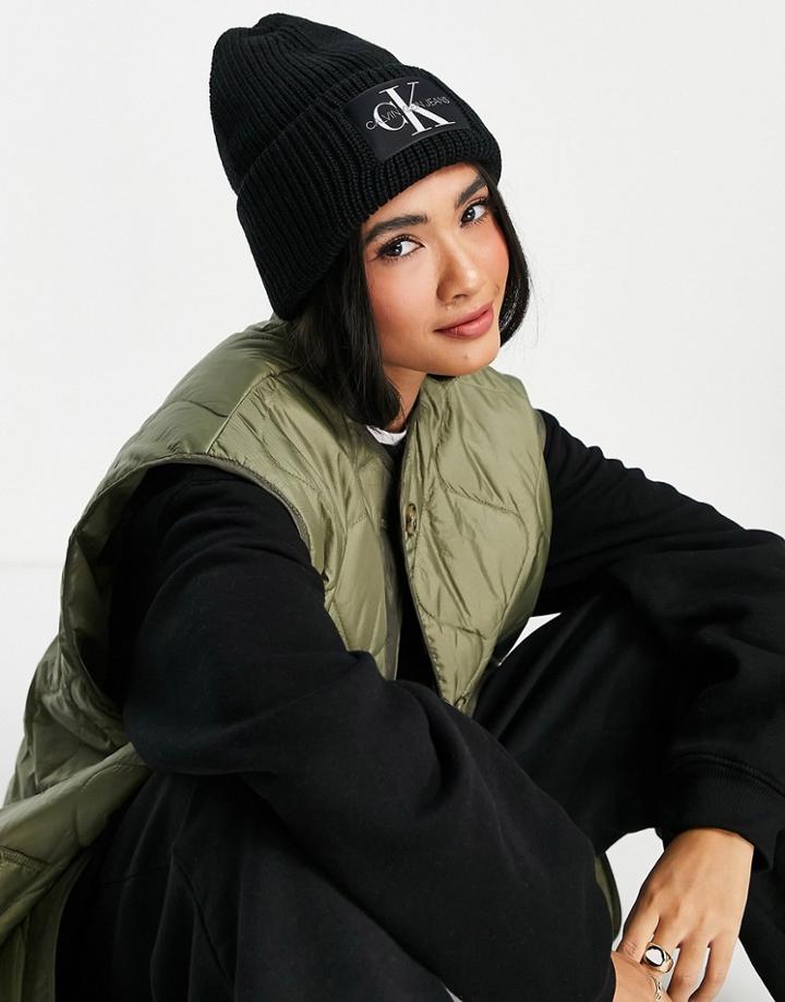 Calvin Klein Jeans Monogram Logo Beanie In Black