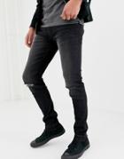 D-struct Skinny Fit Ripped Knee Denim Jeans In Washed Black - Black