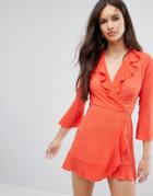 Outrageous Fortune Ruffle Wrap Dress With Fluted Sleeve - Orange