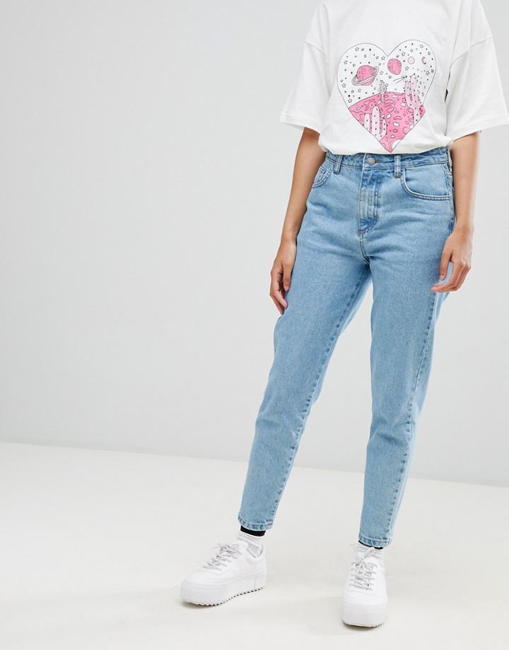 Chorus Mom Jeans With Spaceship Embroidered Back Pocket-blue
