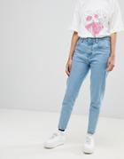 Chorus Mom Jeans With Spaceship Embroidered Back Pocket-blue