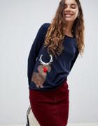 Nocozo Long Sleeve Christmas T-shirt In Navy With Reindeer - Navy