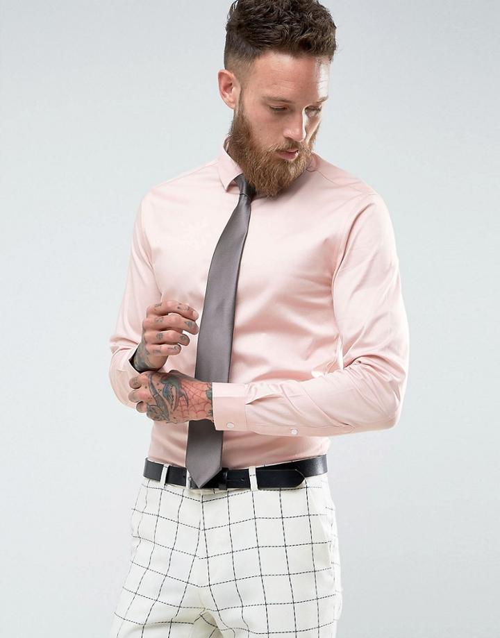 Asos Wedding Skinny Sateen Shirt In Pink With Charcoal Tie Save - Pink