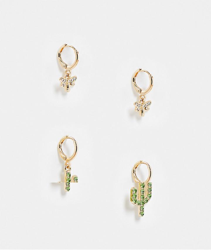 Monki Nessa 2 Pack Cactus Earrings In Gold