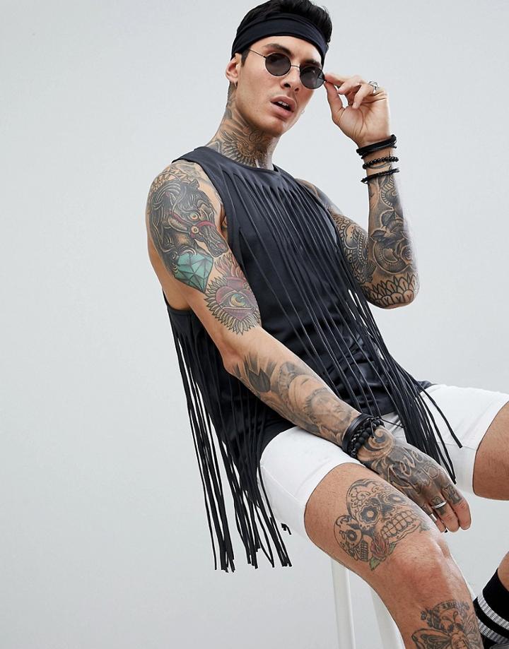 Asos Design Festival Longline Skater Tank With All-round Fringing - Gray