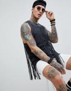 Asos Design Festival Longline Skater Tank With All-round Fringing - Gray