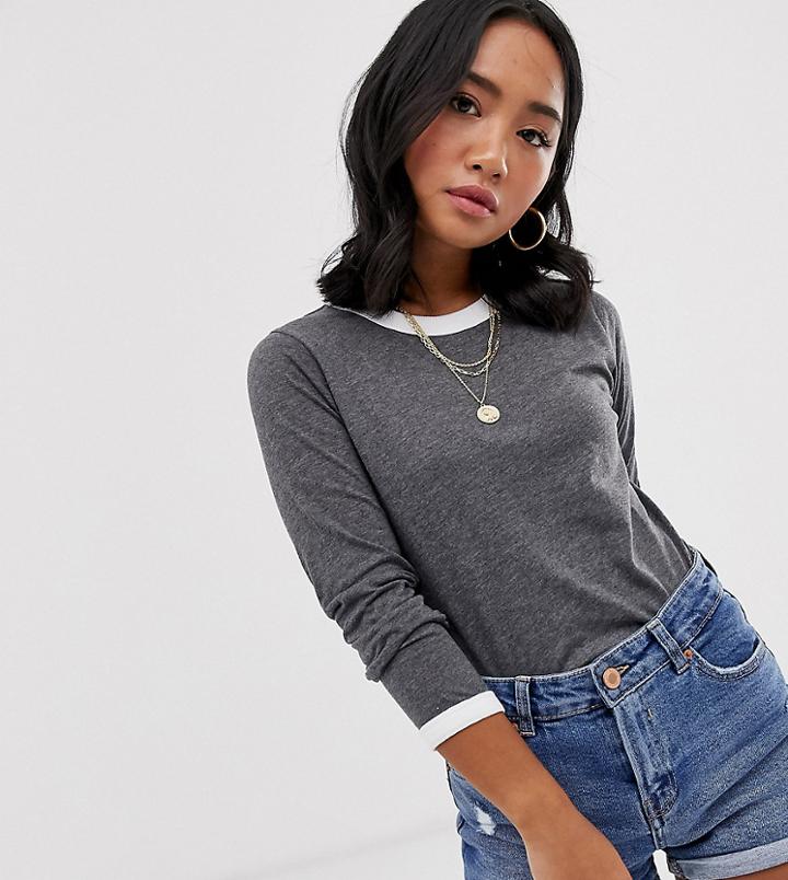 Brave Soul Petite Eloise Long Sleeve T Shirt With Contrast Trim - Gray