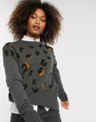 Liquorish Crew Neck Sweater In Gray And Orange Leopard Print