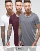 Asos 3 Pack Longline T-shirt With Raw Scoop Neck In White/charcoal/oxblood - Multi