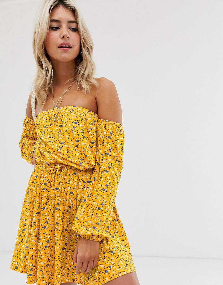Asos Design Bardot Mini Sundress In Ditsy Print-multi