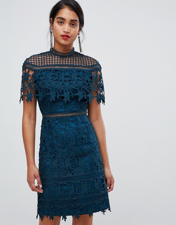 Chi Chi London Lace High Neck Mini Dress In Green - Green