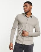 Asos Design Long Sleeve Cotton Blend Button Through Jersey Shirt In Beige - Beige-neutral