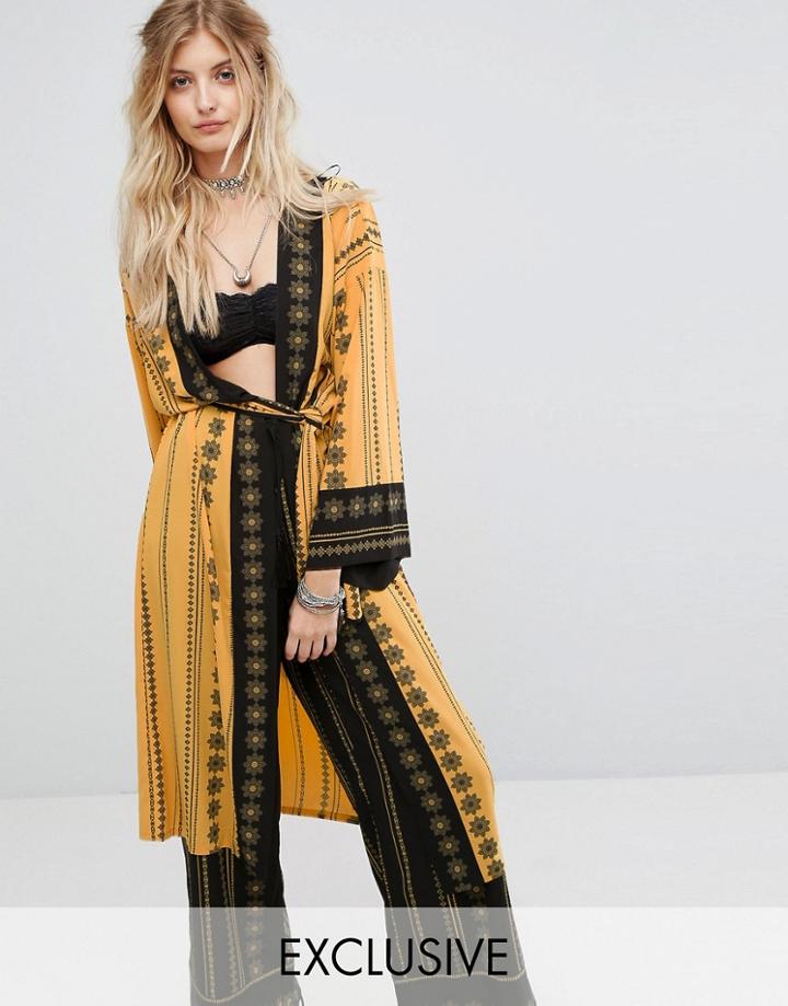 Kiss The Sky Maxi Kimono In Abstract Print Co-ord - Yellow