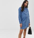 Asos Design Maternity Denim Fitted Western Shirt Dress In Midwash Blue - Blue