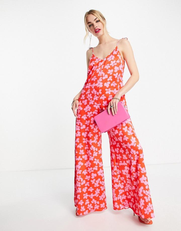 Never Fully Dressed Wide Leg Cami Jumpsuit In Red And Pink Floral-multi